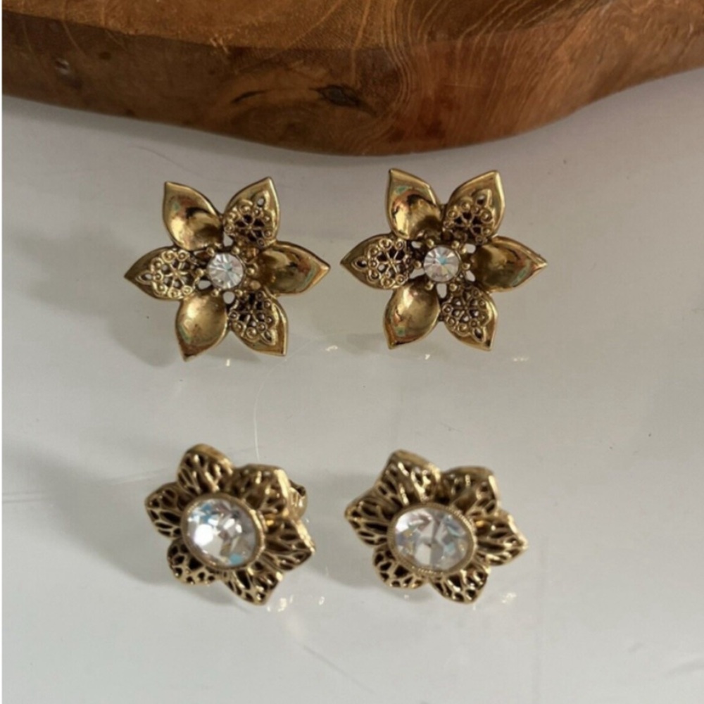 Vintage Flower Clip On Earrings Two Pairs of Gold Tone Rhinestone Costume